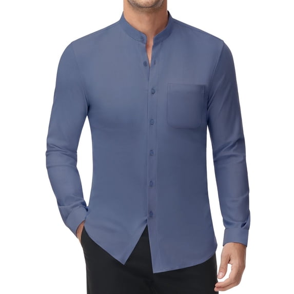 Youclos Men's Stretch Long Sleeve Button Down Dress Shirt, Band Collar with Chest Pockets, Casual Standard Fit