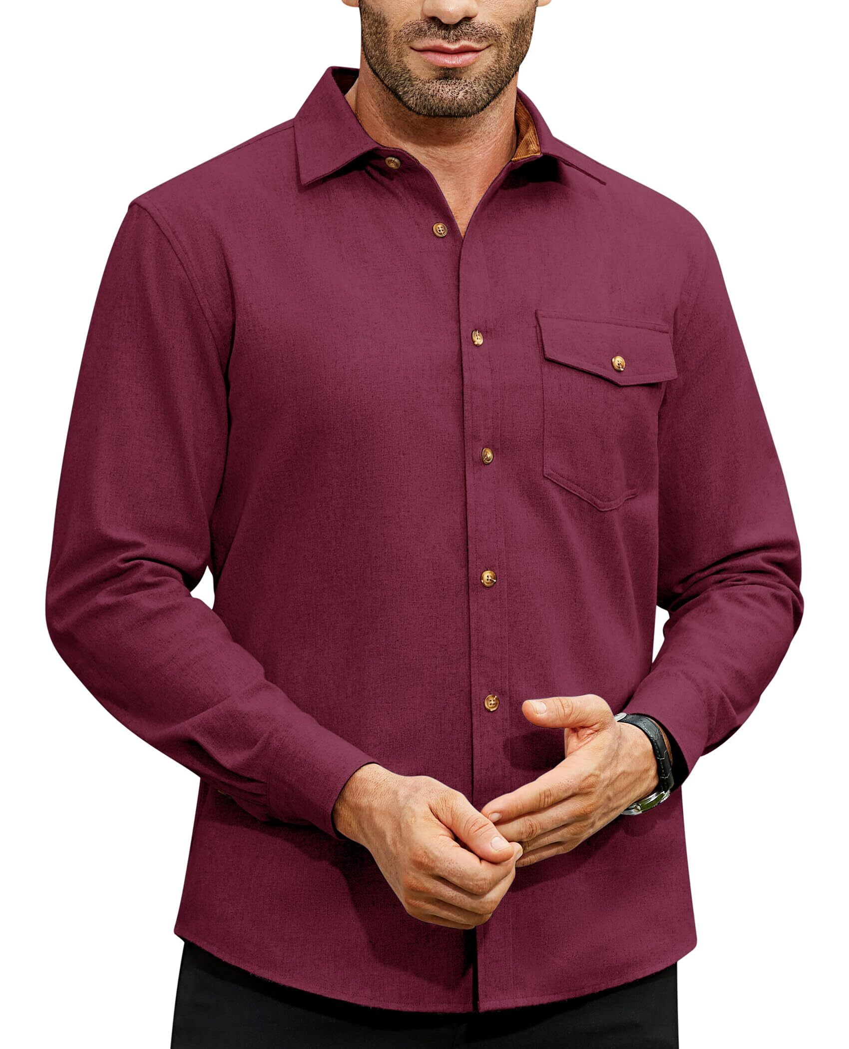 DEMEANOR Long Sleeve Flannel Shirts for Men Corduroy Collar Casual ...