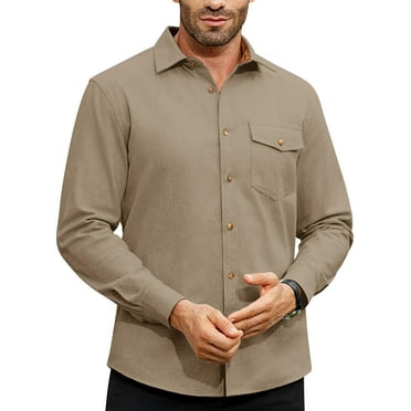 DEMEANOR Long Sleeve Flannel Shirts for Men Corduroy Collar Casual Button Down Shirt with Pocket