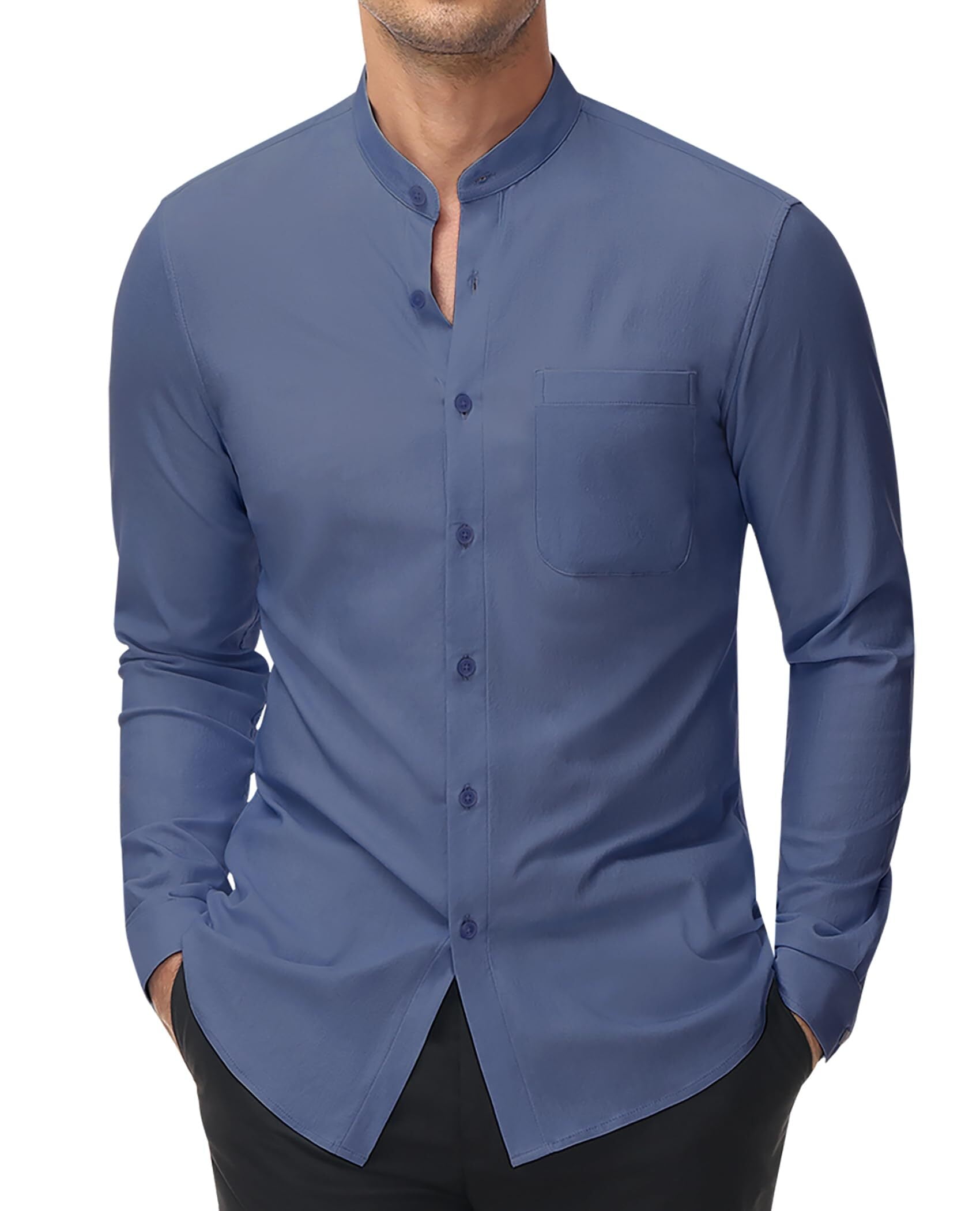 DEMEANOR Long Sleeve Button Down Shirts for Men Mandarin Collar 