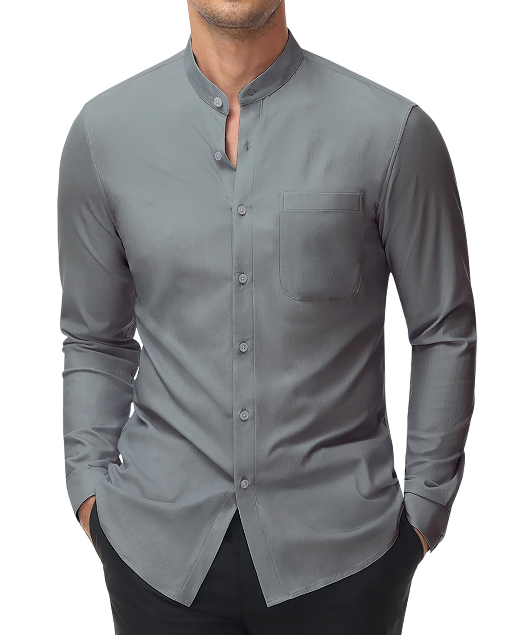 【即納&大特価】 Collar Band Sleeve Long DEMEANOR Dress Casual Men for Shirts Clothing
