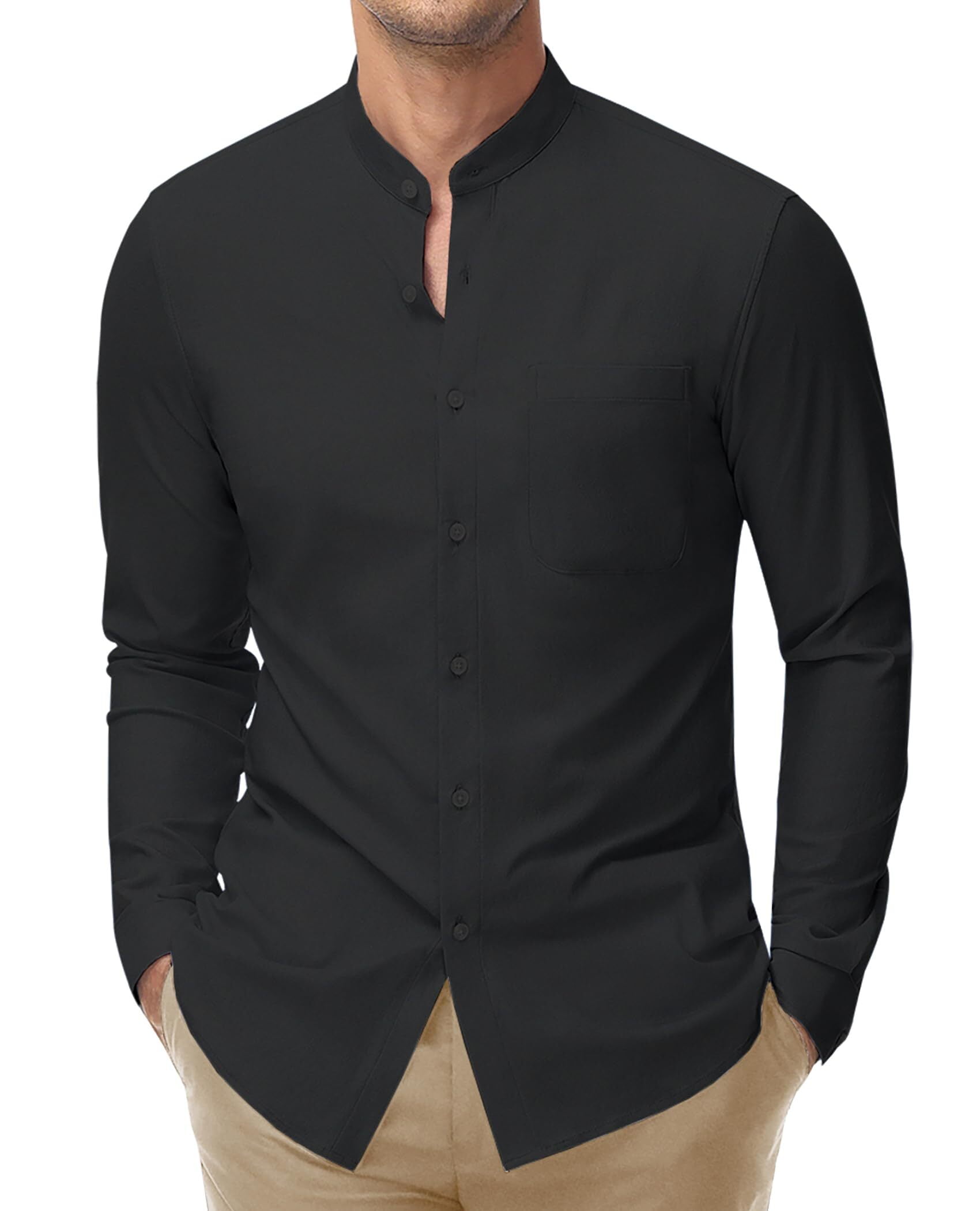 DEMEANOR Mens Band Collar Stretch Dress Shirts Long Sleeve Button Down  Shirts with Pockets - Walmart.com