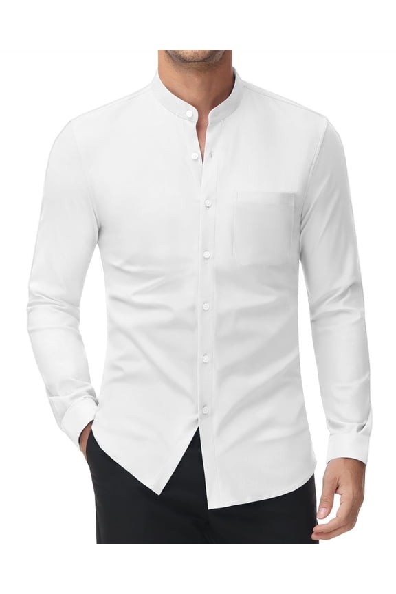 Men's Stretch Long Sleeve Button Down Dress Shirt, Band Collar with Chest Pockets, Casual Standard Fit