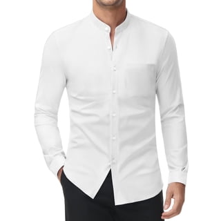 Youclos Men's Stretch Long Sleeve Button Down Dress Shirt, Band Collar with Chest Pockets, Casual Standard Fit