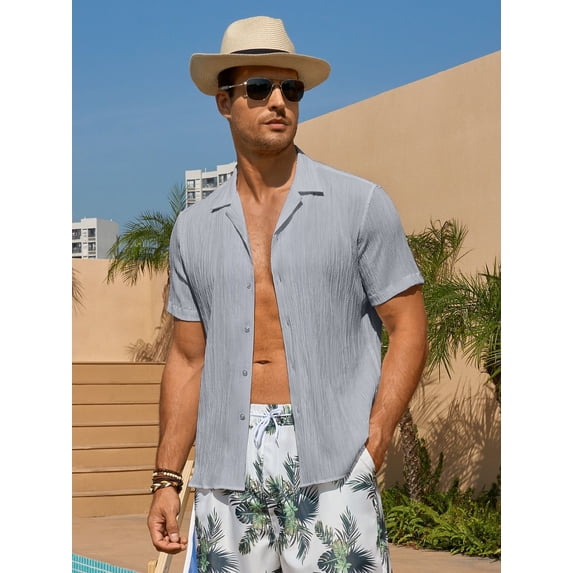 Youclos Men's Short Sleeve Textured Hawaiian Beach Button Down Shirt, Bahama Shirt
