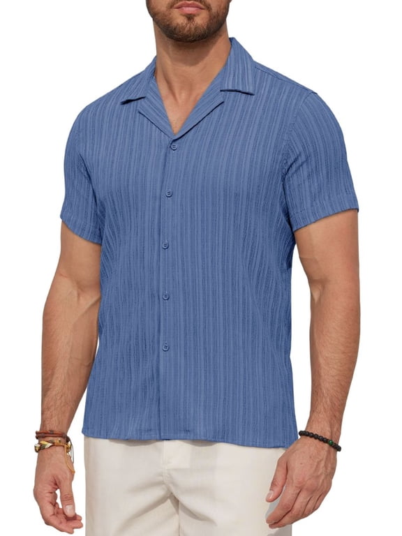 Men's Casual Short Sleeve Textured Hawaiian Beach Button Down Shirt, Bahama Shirt