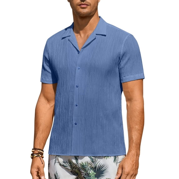 Youclos Men's Short Sleeve Textured Linen Shirts Hawaiian Button Down Shirts