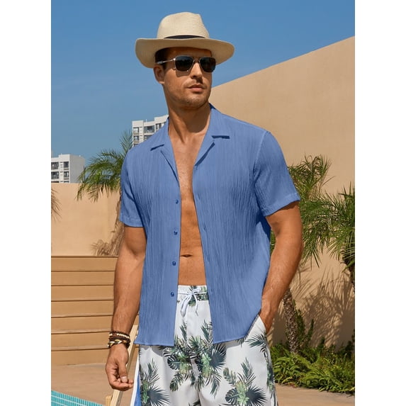 Youclos Men's Short Sleeve Textured Hawaiian Beach Button Down Shirt, Bahama Shirt