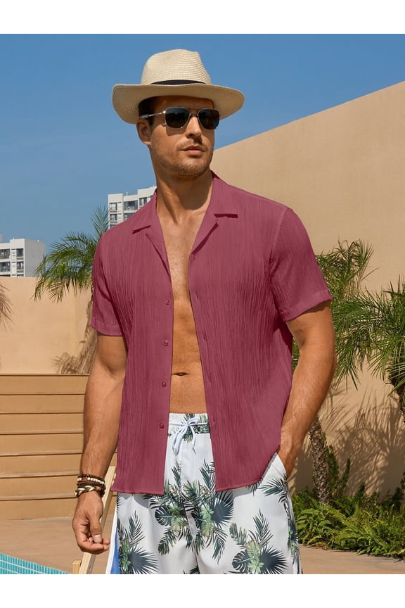 Men's Casual Short Sleeve Textured Hawaiian Beach Button Down Shirt, Bahama Shirt