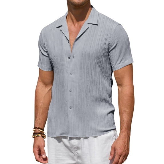 Youclos Men's Short Sleeve Textured Linen Hawaiian Beach Button Down Shirt