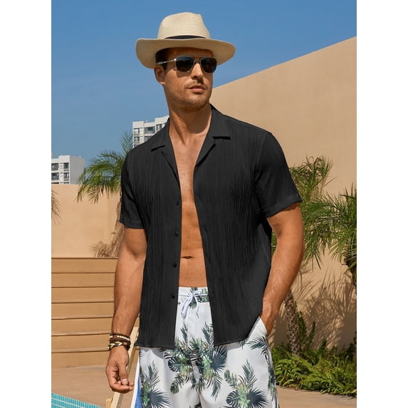 Youclos Men's Short Sleeve Textured Hawaiian Beach Button Down Shirt, Bahama Shirt
