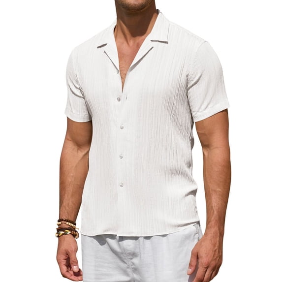 Youclos Men's Short Sleeve Textured Linen Hawaiian Beach Button Down Shirt