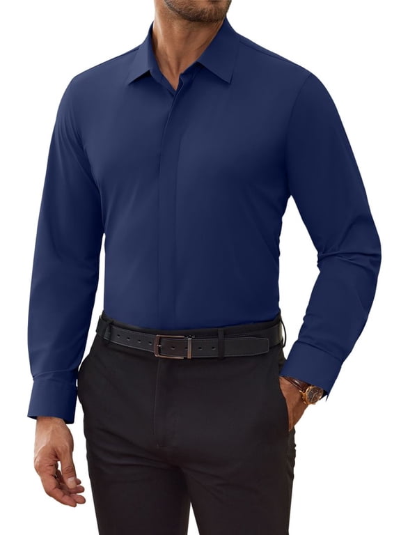 Men's Dress Shirt 4‑Way Stretch Wrinkle‑Free Long Sleeve Solid Business Casual Button Down, Slim Fit
