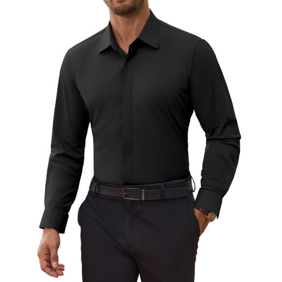 Youclos Men's Dress Shirt 4‑Way Stretch Wrinkle‑Free Long Sleeve Solid Business Casual Button Down, Slim Fit