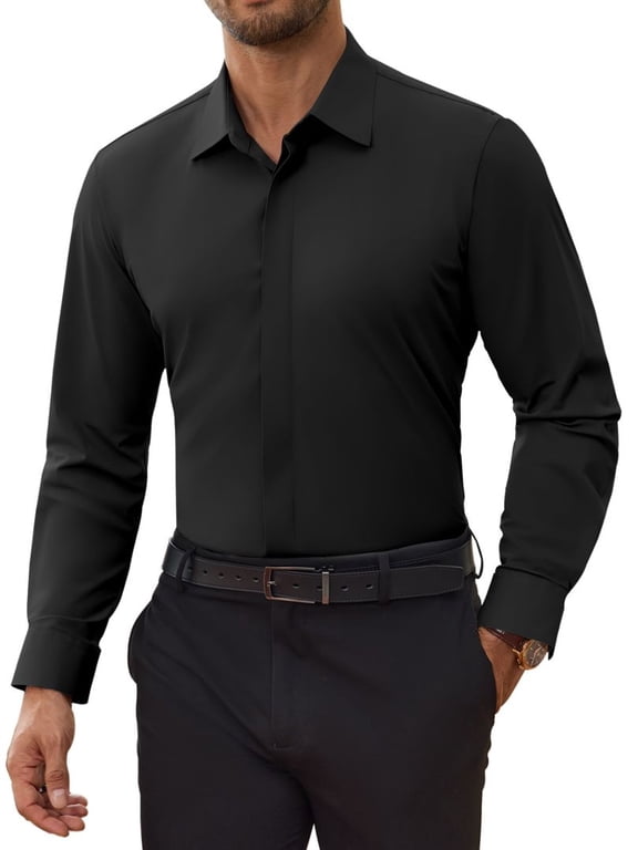 Men's Dress Shirt 4‑Way Stretch Wrinkle‑Free Long Sleeve Solid Business Casual Button Down, Slim Fit
