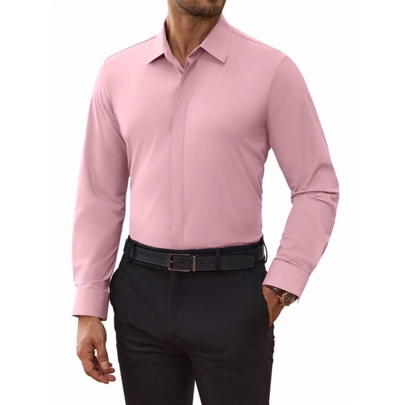 Youclos Men's Dress Shirt 4‑Way Stretch Wrinkle‑Free Long Sleeve Solid Business Casual Button Down, Slim Fit