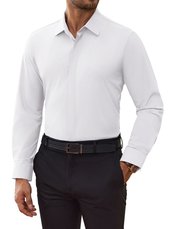 Men's Dress Shirt 4‑Way Stretch Wrinkle‑Free Long Sleeve Solid Business Casual Button Down, Slim Fit