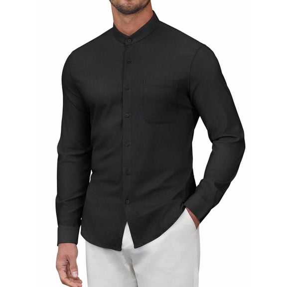 Youclos Mens Band Collar Stretch Dress Shirts Long Sleeve Button Down Shirts with Pockets