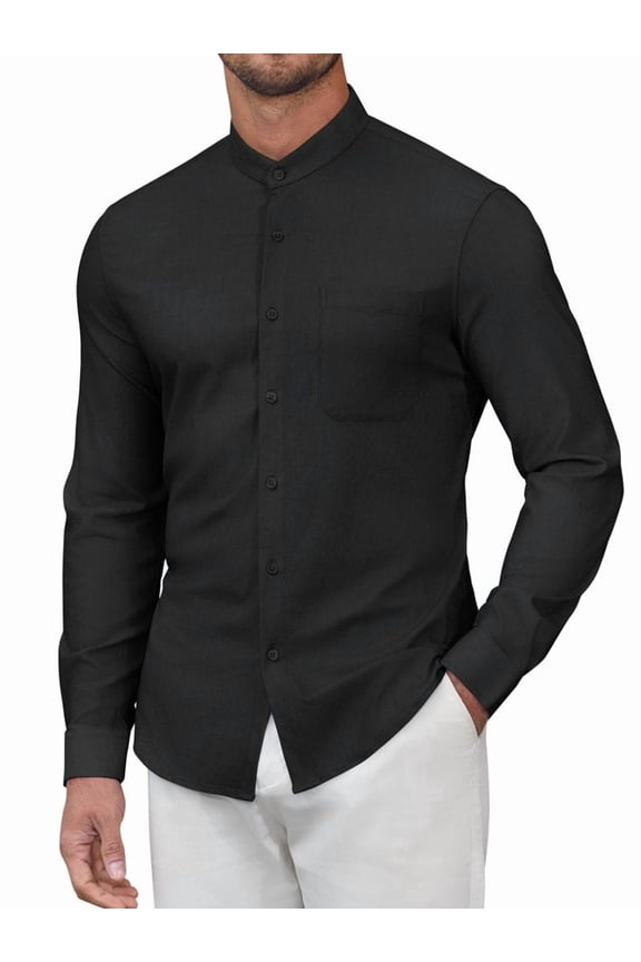 Mens Band Collar Stretch Dress Shirts Long Sleeve Button Down Shirts with Pockets