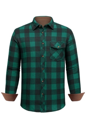 Mens Flannel Shirts Corduroy Collar Long Sleeve Plaid Button Down Shirt with Pocket