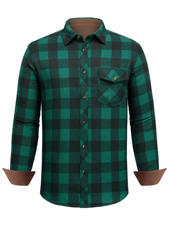 Mens Flannel Shirts Corduroy Collar Long Sleeve Plaid Button Down Shirt with Pocket
