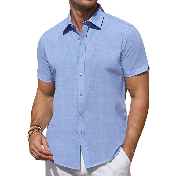 Youclos Short Sleeve Linen Shirts for Men Casual Button Down Hawaiian Shirt
