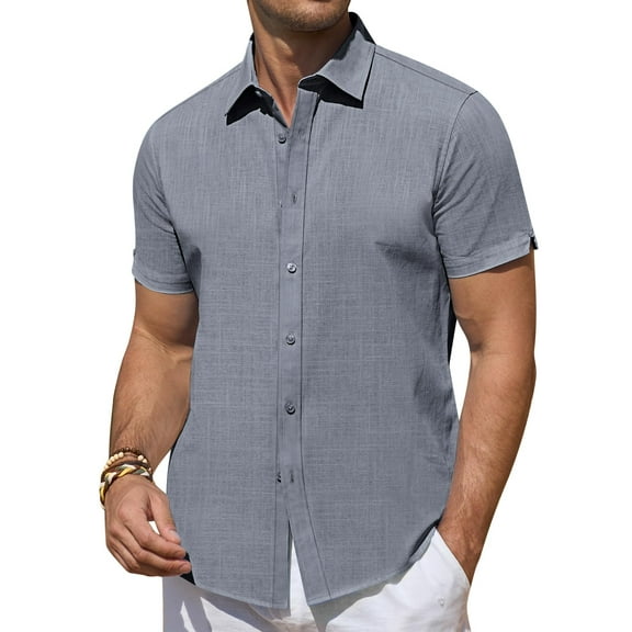 DEMEANOR Short Sleeve Linen Shirts for Men Casual Button Down Hawaiian Shirt