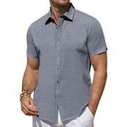 DEMEANOR Short Sleeve Linen Shirts for Men Casual Button Down Hawaiian Shirt