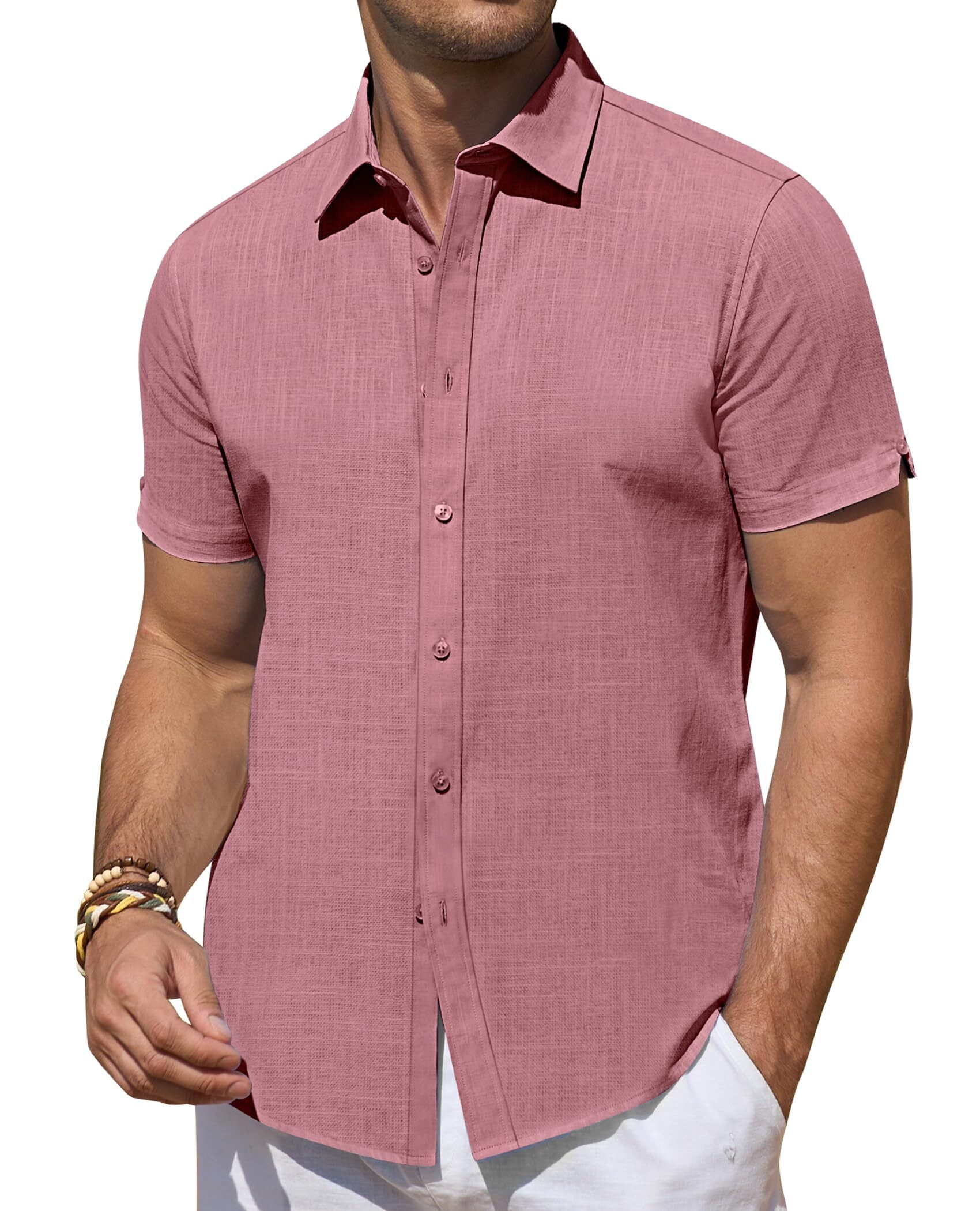 DEMEANOR Short Sleeve Linen Shirts for Men Casual Button Down Hawaiian ...