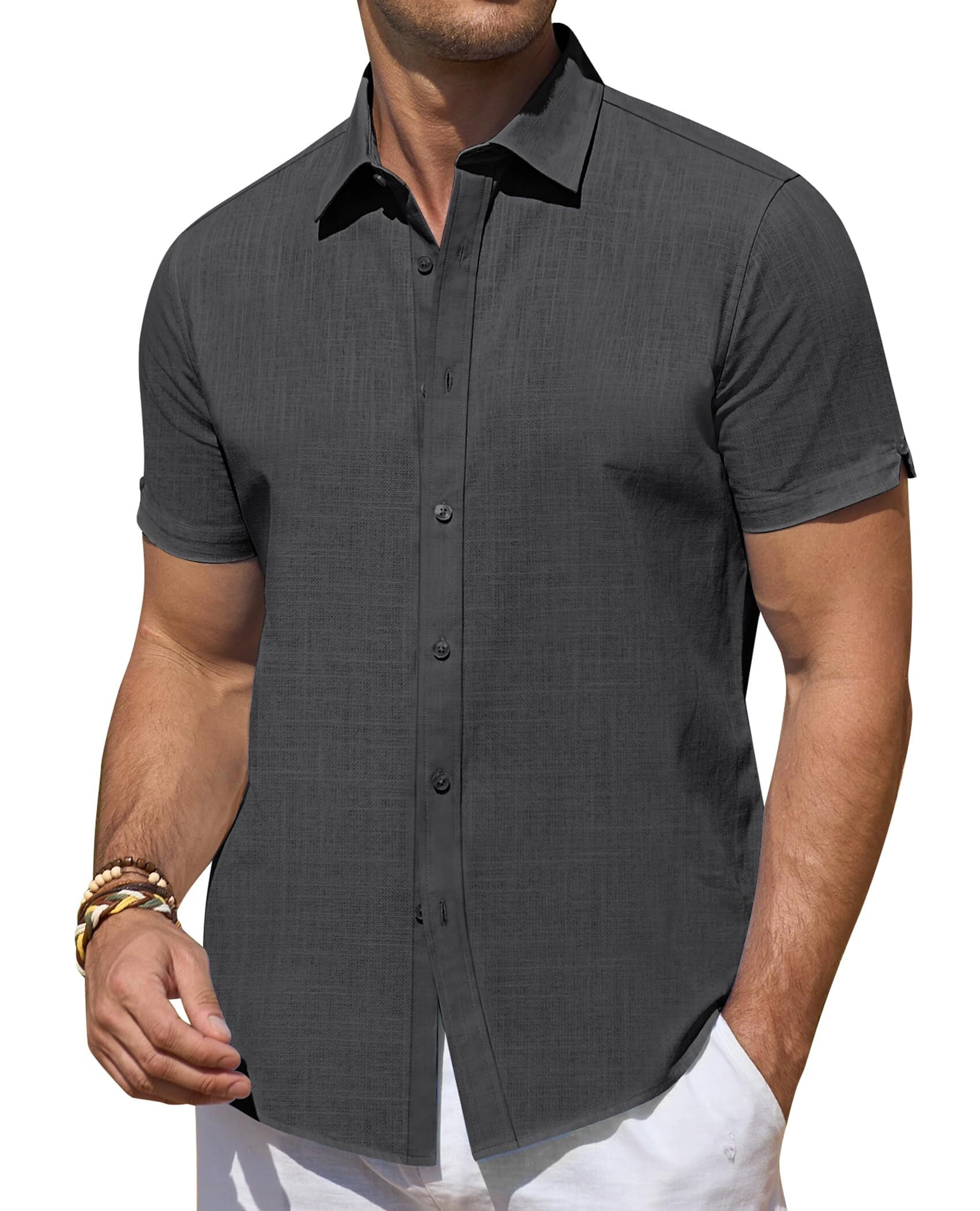 DEMEANOR Short Sleeve Linen Shirts for Men Casual Button Down Hawaiian ...