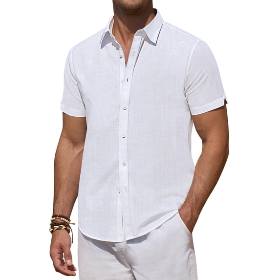 Youclos Short Sleeve Linen Shirts for Men Casual Button Down Hawaiian Shirt