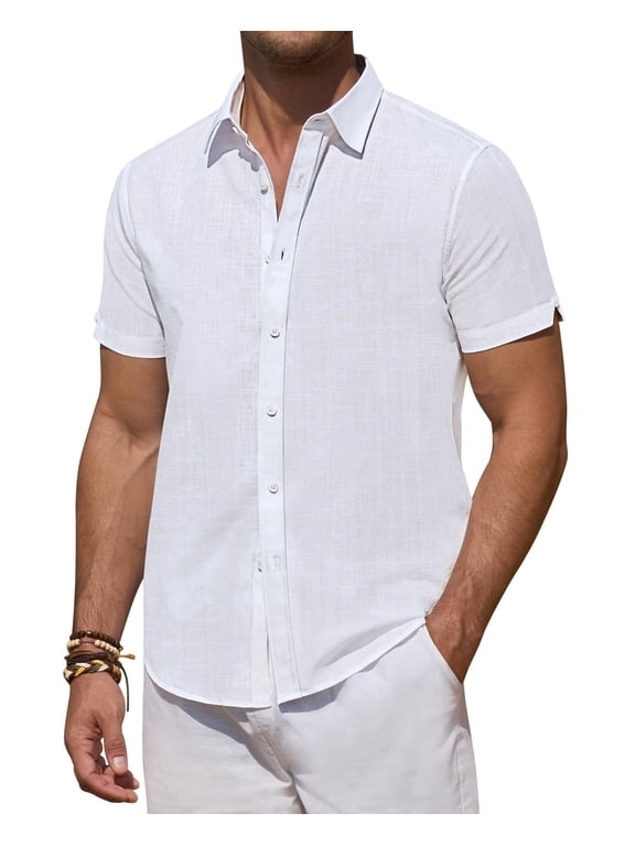 Short Sleeve Linen Shirts for Men Casual Button Down Hawaiian Shirt