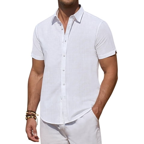 Short Sleeve Linen Shirts for Men Casual Button Down Hawaiian Shirt