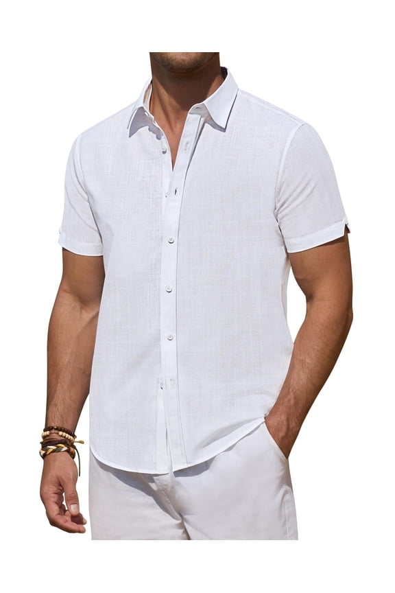 Short Sleeve Linen Shirts for Men Casual Button Down Hawaiian Shirt