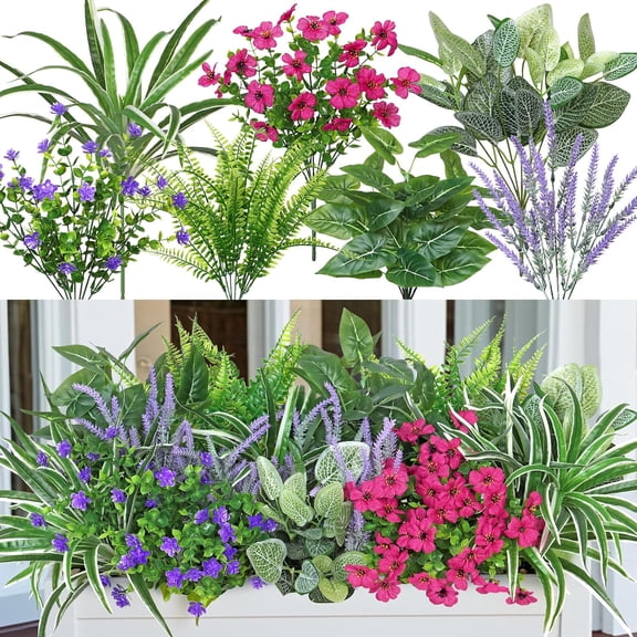 DEMIUKO 20 Bundles Artificial Plants Outdoor Fake Flowers UV Resistant Faux Greenery Stems Fake Ferns Shrubs Plastic Plants for Garden Patio Porch Yard Window Box Home Decor (Lavender Flower, 20PCS)