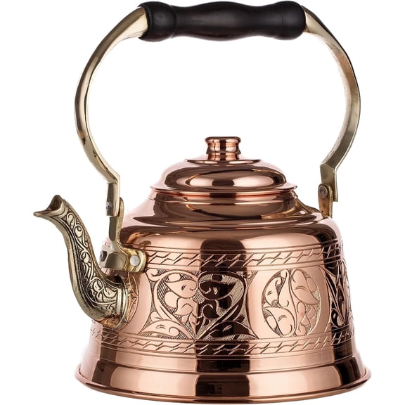 DEMMEX 1.6 Qt Heavy Gauge Solid Copper Tea Kettle – 1mm Thick Handmade Turkish Stovetop Teapot with Brass Handle (Engraved)