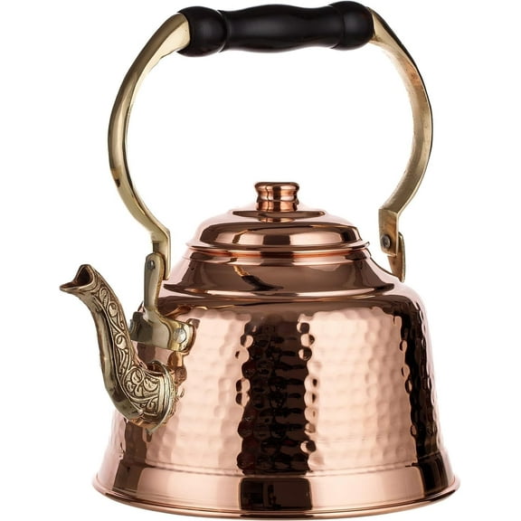DEMMEX 1.6 Qt Heavy Gauge Solid Copper Tea Kettle – 1mm Thick Handmade Turkish Stovetop Teapot with Brass Handle (Hammered)