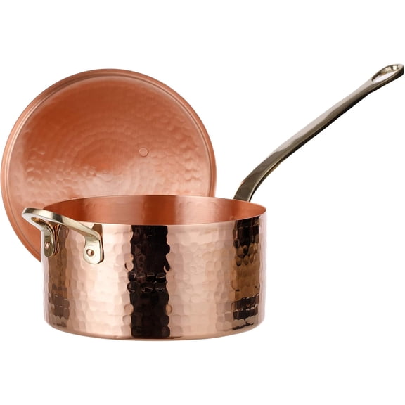 DEMMEX 1.7 Qt Heavy Gauge Solid Copper Sauce Pan with Lid and Helper Handle – 1.2mm Thick Handmade Turkish Zabaglione Pan for Sugar, Jam, or Caramel