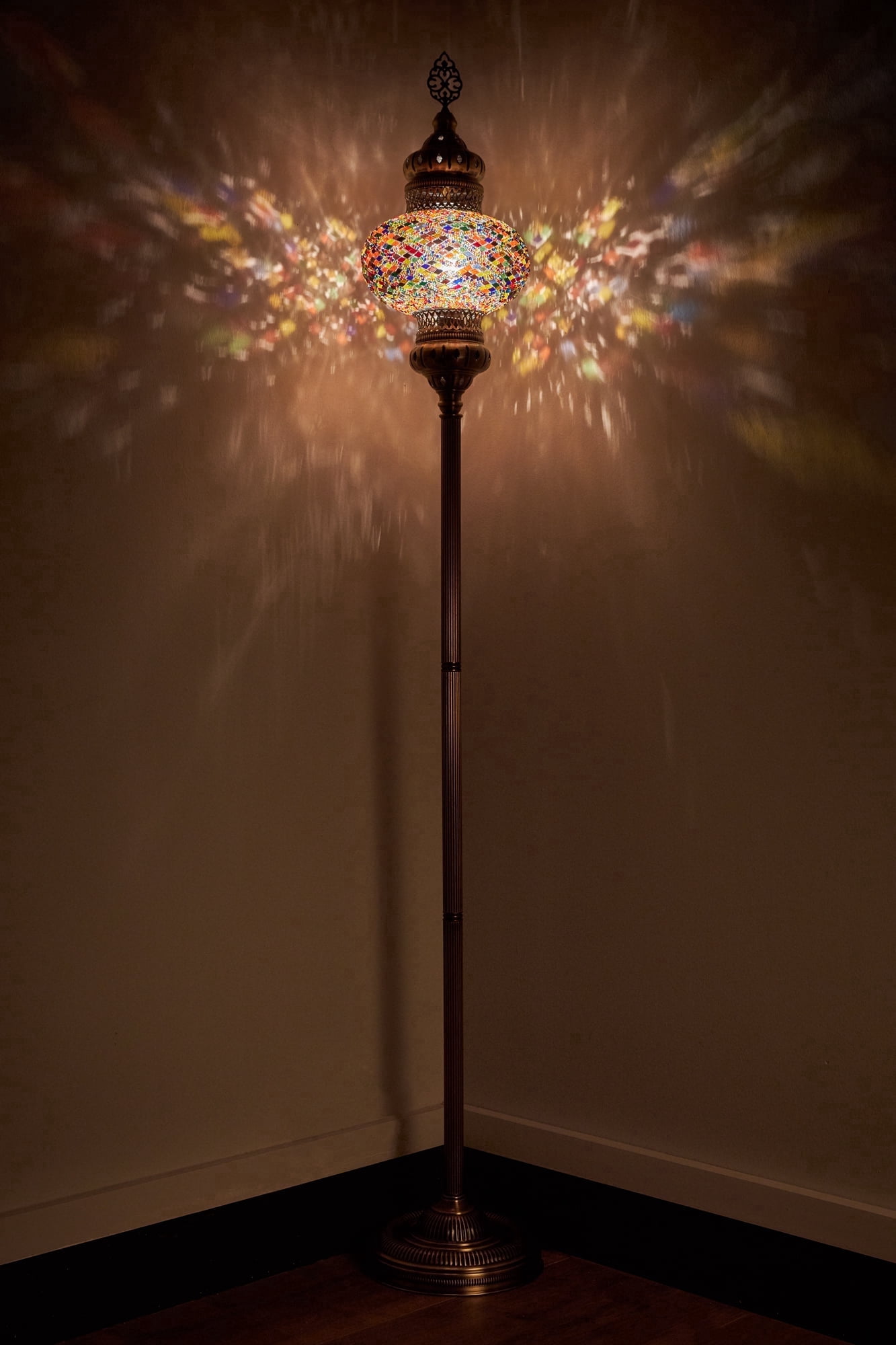 DEMMEX 10" Diameter Largest Mosaic Globe Turkish Floor Lamp, Handmade Moroccan Standing Lamp, Antique Brass Finish, 5.5 ft Tall (Multicolor)