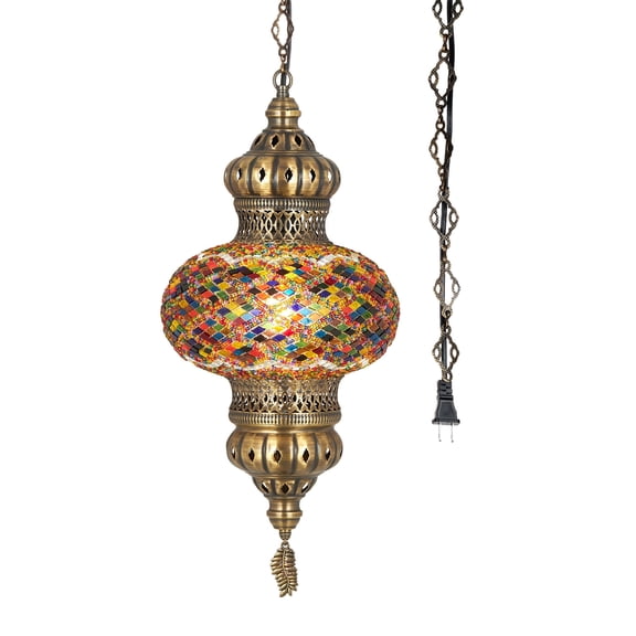 DEMMEX 10" Diameter XL Mosaic Globe Turkish Moroccan Hanging Pendant Lamp, Plug-in Ceiling Light with 15 ft Chain & Cord, 2.5 ft Hanging Height, No Wiring, Handmade (Multicolor)