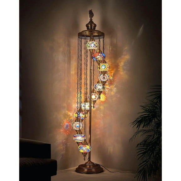 DEMMEX 11-Globe Turkish Moroccan Mosaic Floor Lamp, 7ft Handmade Bohemian Standing Light, Tall Tiffany-Style Decorative Lamp with Mosaic Glass Globes – Handmade in Turkey (Multicolor)