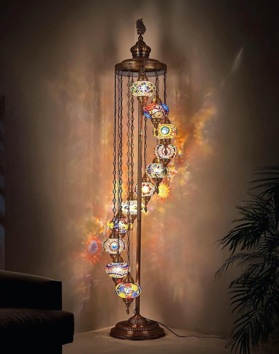DEMMEX 11-Globe Turkish Moroccan Mosaic Floor Lamp, 7ft Handmade Bohemian Standing Light, Tall Tiffany-Style Decorative Lamp with Mosaic Glass Globes – Handmade in Turkey (Multicolor)