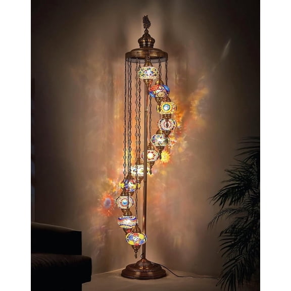 DEMMEX 11-Globe Turkish Moroccan Mosaic Floor Lamp, 7ft Handmade Bohemian Standing Light, Tall Tiffany-Style Decorative Lamp with Mosaic Glass Globes – Handmade in Turkey (Multicolor)
