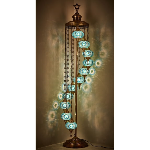 DEMMEX 11-Globe Turkish Moroccan Mosaic Floor Lamp, 7ft Handmade Bohemian Standing Light, Tall Tiffany-Style Decorative Lamp with Mosaic Glass Globes – Handmade in Turkey (Turquoise)