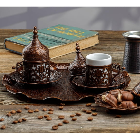 DEMMEX 11-Piece Turkish Greek Arabic Coffee Serving Set with Cups, Saucers, Holders, Lids, Sugar Bowl, and Tray Handmade Antique Style