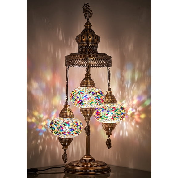 DEMMEX 3 Big Globes XL Magnificent Handmade Turkish Moroccan Mosaic Tiffany Style Table Desk Bedside Lamp Lampshade Exotic Night Accent Light for North American Use, 31" Height (Multi-Color)