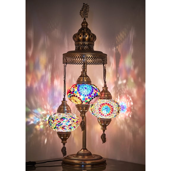 DEMMEX 3 Big Globes XL Magnificent Handmade Turkish Moroccan Mosaic Tiffany Style Table Desk Bedside Lamp Lampshade Exotic Night Accent Light for North American Use, 31" Height (Colorful)