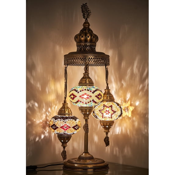 DEMMEX 3 Big Globes XL Magnificent Handmade Turkish Moroccan Mosaic Tiffany Style Table Desk Bedside Lamp Lampshade Exotic Night Accent Light for North American Use, 31" Height (Amber-Brown)