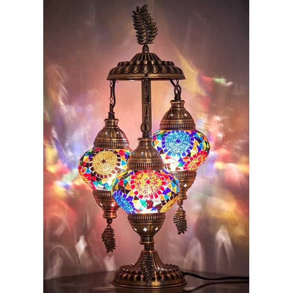 DEMMEX 3 Globes Turkish Moroccan Mosaic Bohemian Table Desk Bedside Night Lamp Light Lampshade, Exotic Oriental Colorful Mosaic Glasses Table Lamp, Antique Brass Color Metal Body, 21" (Multi-Mix)