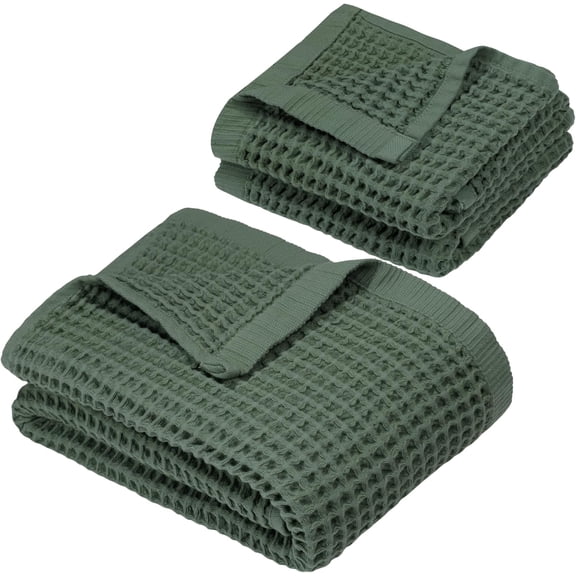 DEMMEX Organic Cotton Waffle Weave Turkish Towel Set for Bathroom, 100% OEKO-TEX Certified Super Soft Turkish Cotton, Lightweight & Quick Dry, 1 Bath & 2 Large Hand Towels, 30x60/20x30 in, Sage Green